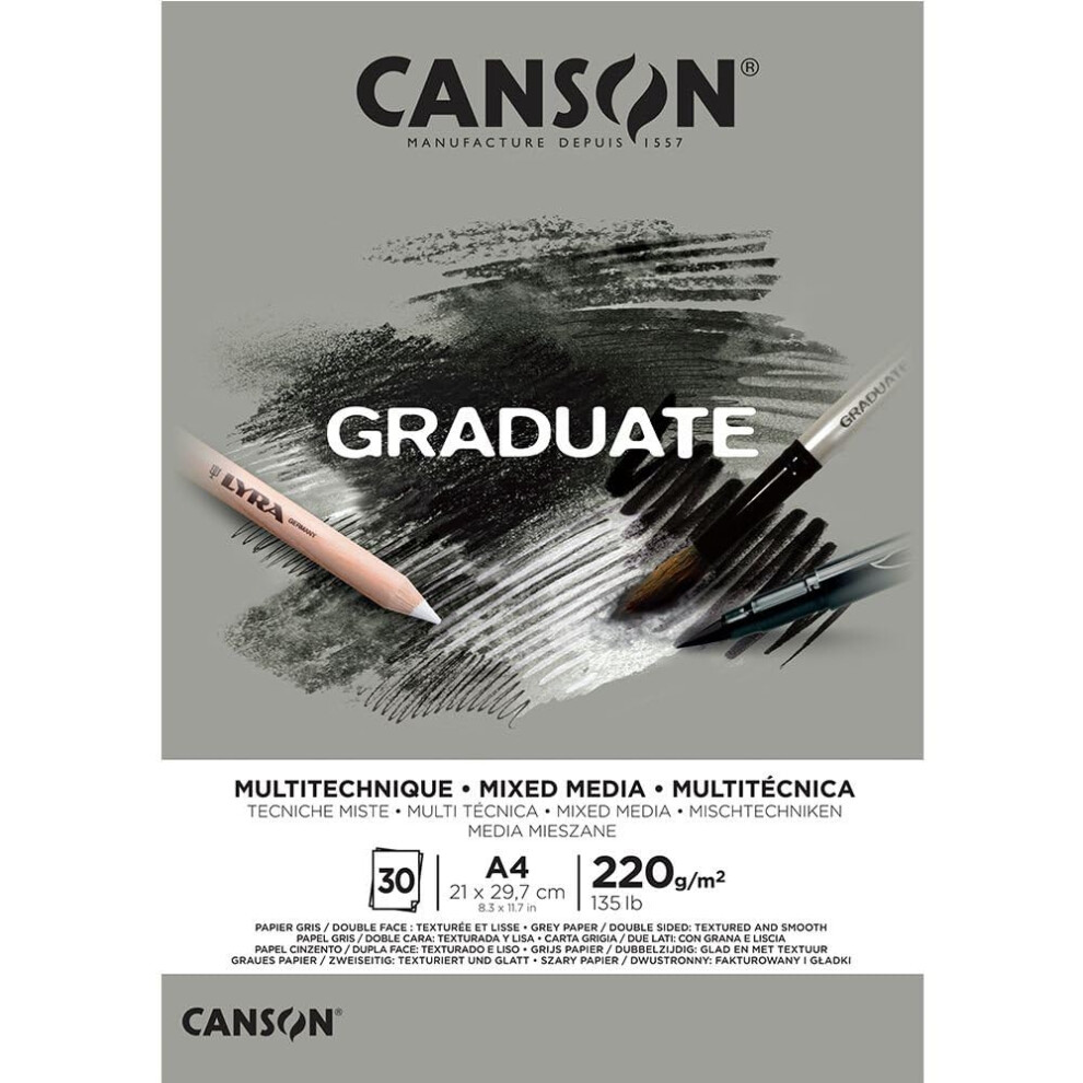 Canson Graduate Mixed Media 200Gsm A4 Paper, Double Sided: Grained And Smooth, Pad Glued Short Side, 30 Sheets, Ideal For Student Artists Grey