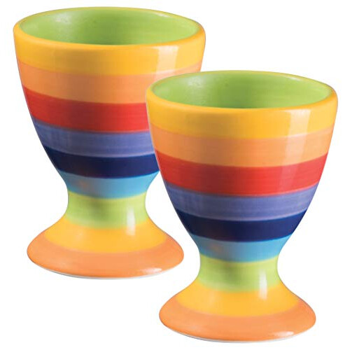 Hand Painted Rainbow Stripe Pair of Egg Cups