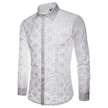 (S) Men Lapel Sexy Lace Shirt See Through Long Sleeve Nightclub Party Shirts
