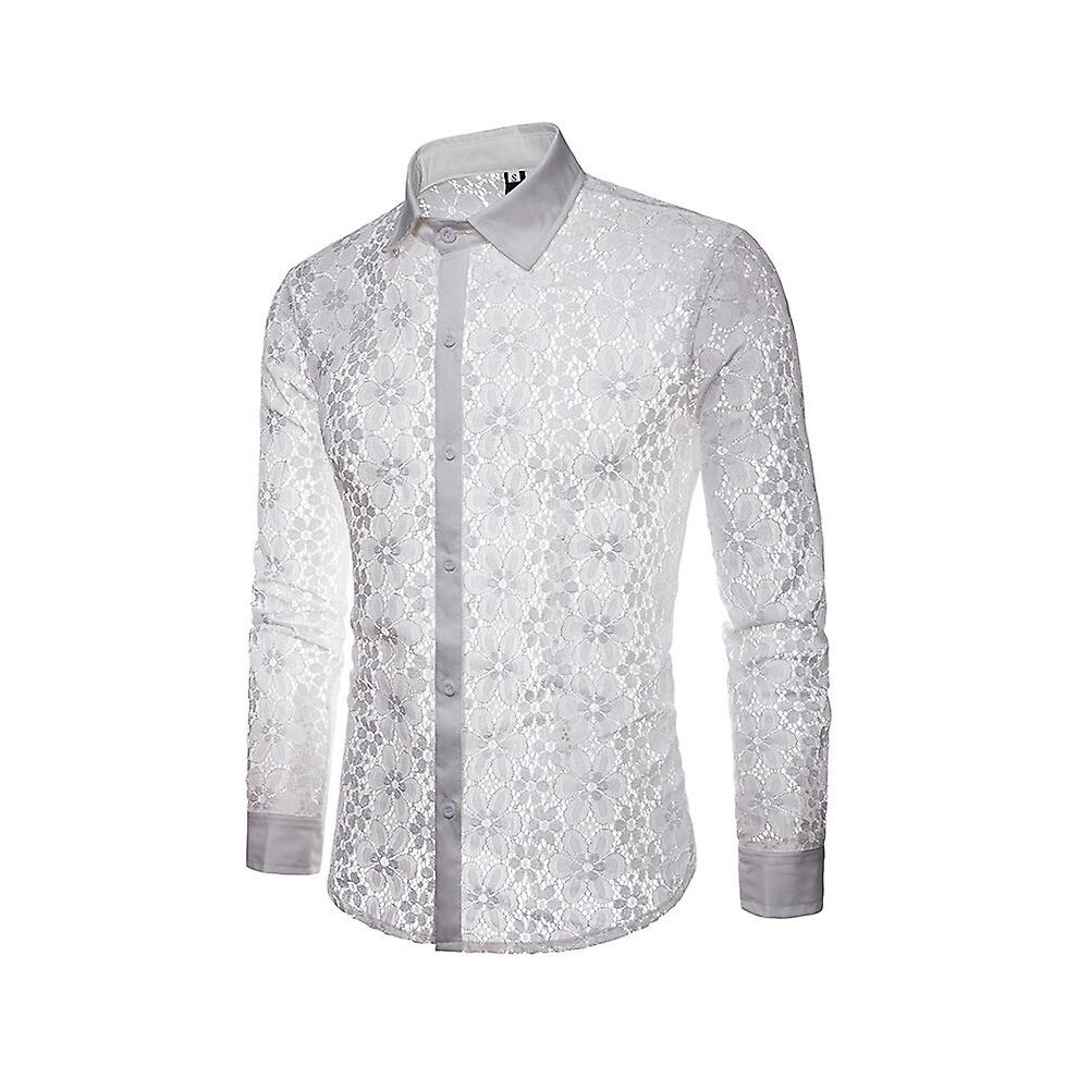 (S) Men Lapel Sexy Lace Shirt See Through Long Sleeve Nightclub Party Shirts