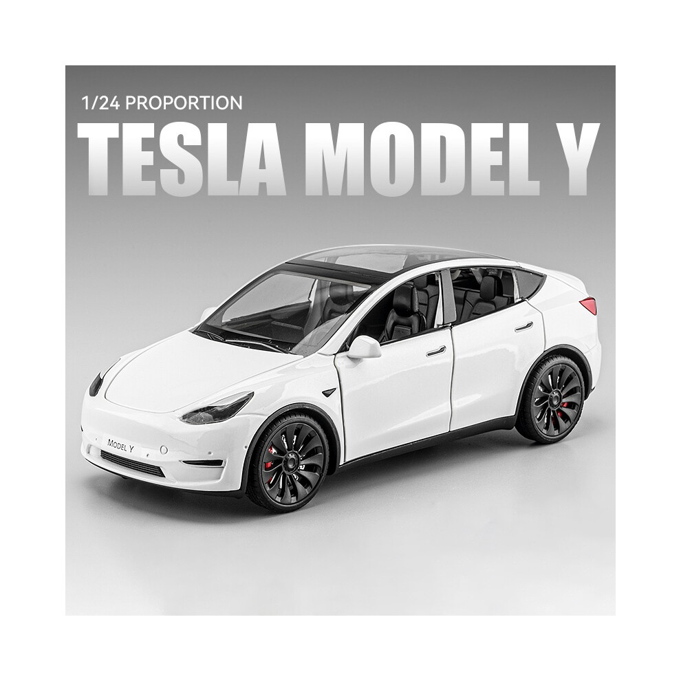 (Model Y White) 1:24 Tesla Model Y With Charging Pile Alloy Car Model Diecast Metal Toy Simulation Sound and Light Childrens Collectibles Gifts