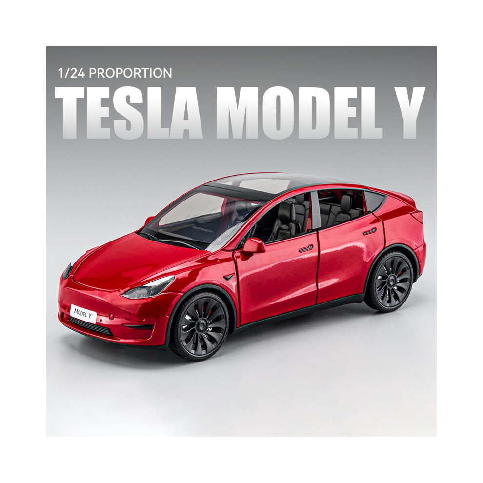 (Model Y Red) 1:24 Tesla Model Y With Charging Pile Alloy Car Model Diecast Metal Toy Simulation Sound and Light Childrens Collectibles Gifts