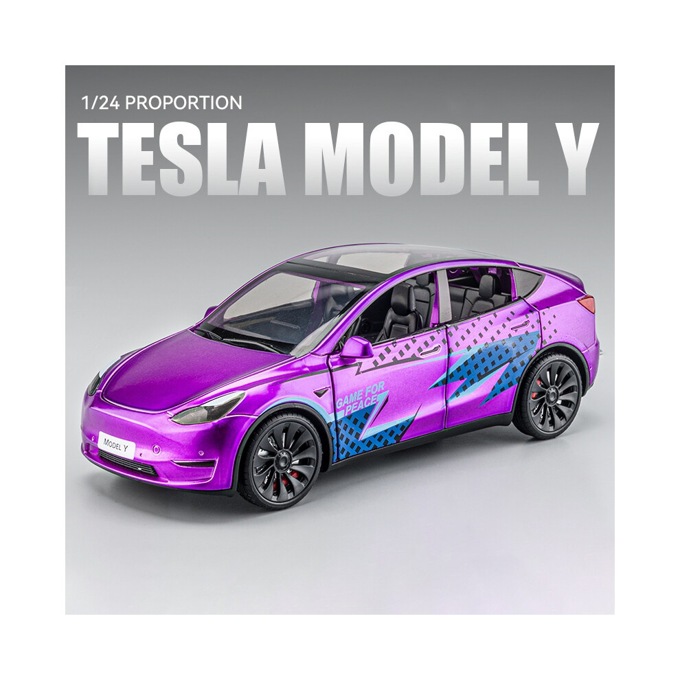 (Model Y Purple) 1:24 Tesla Model Y With Charging Pile Alloy Car Model Diecast Metal Toy Simulation Sound and Light Childrens Collectibles Gifts