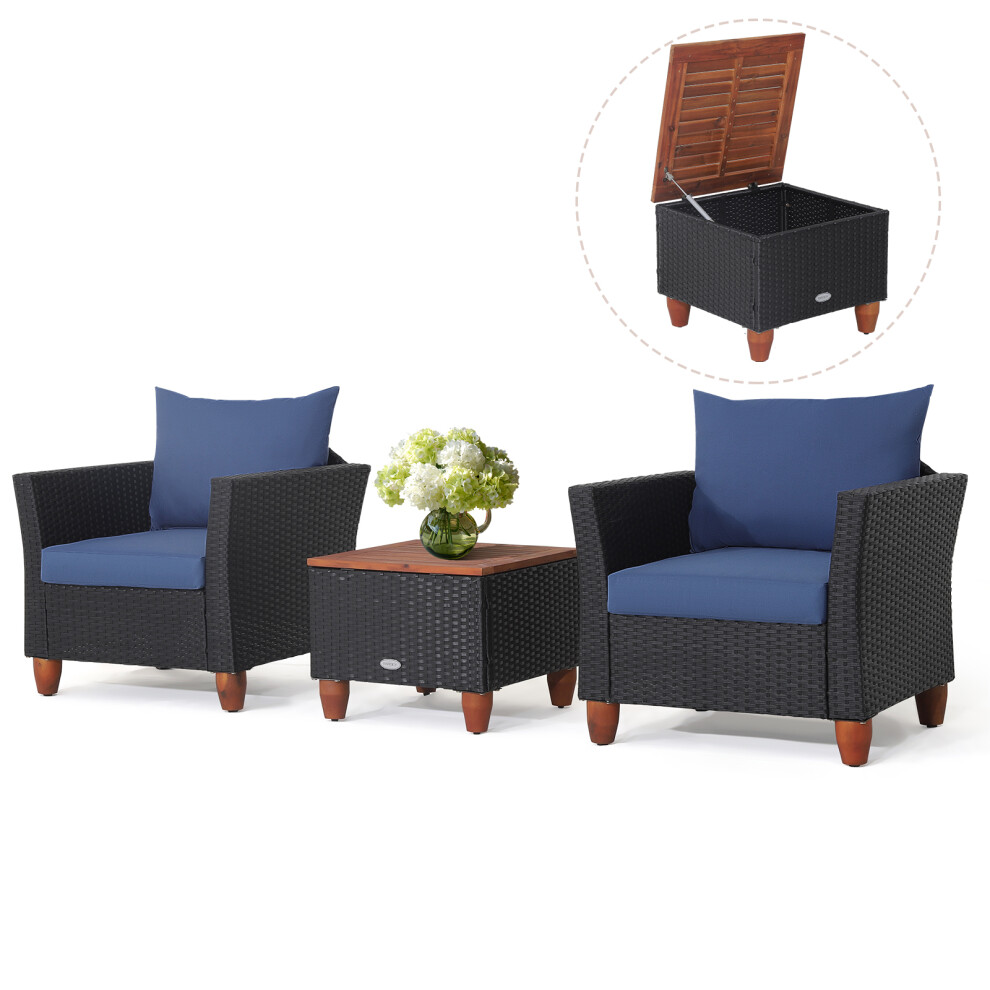 3 PCS Patio Rattan Furniture Set Sectional Sofa Conversation Set (Navy)