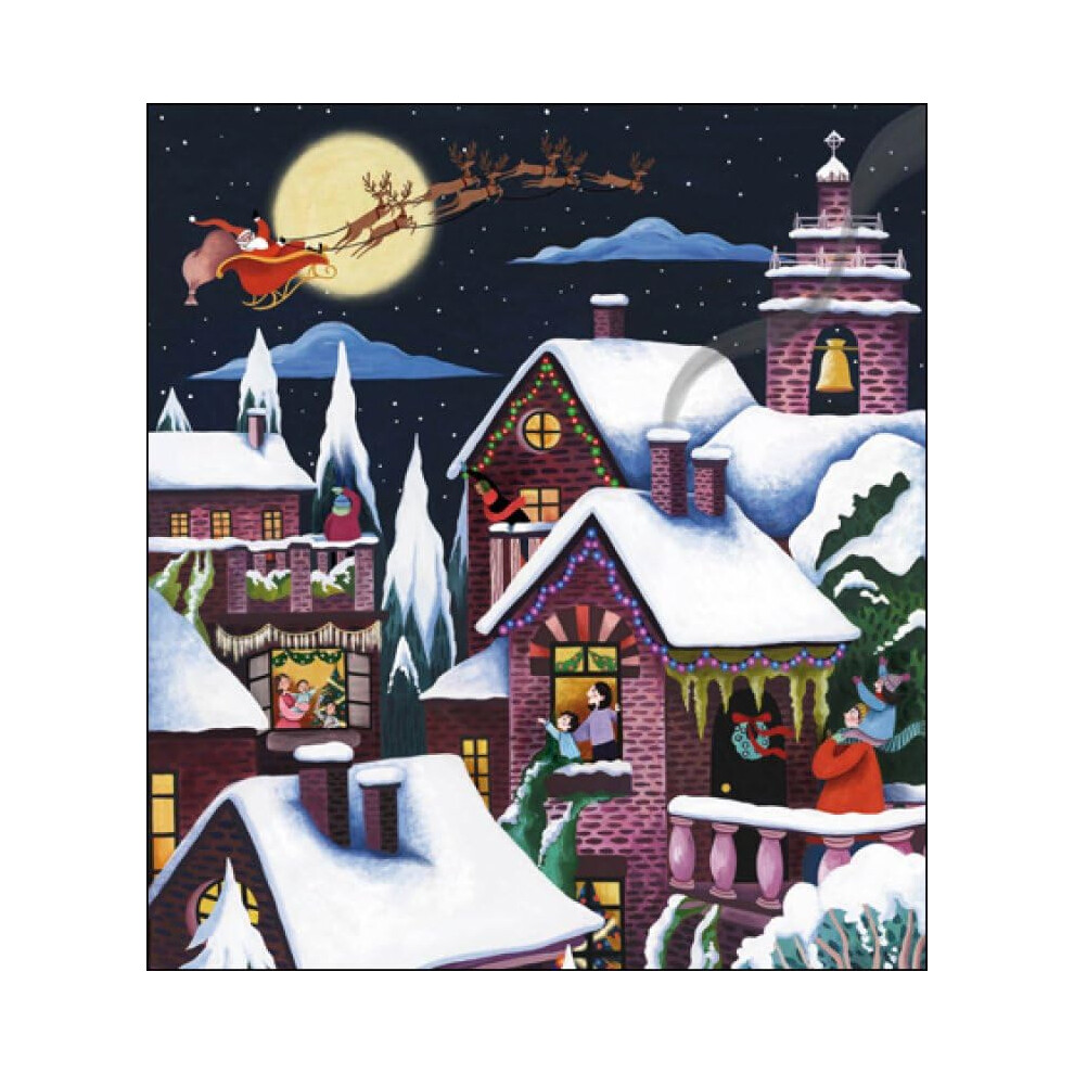 Charity Christmas Cards - Santa's Sleigh over a Wintery Village - Eco-Friendly and Recyclable - Pack of 5 Cards