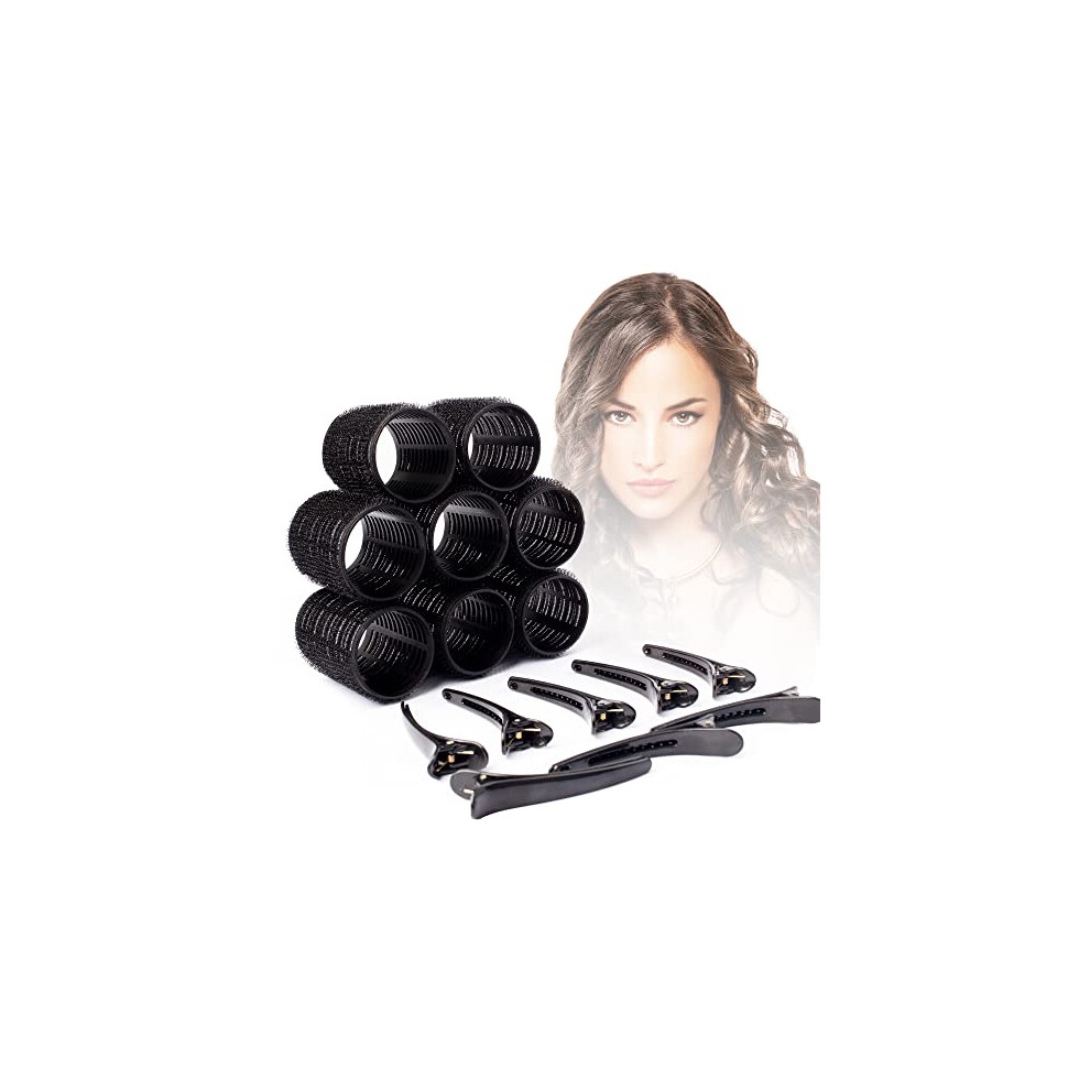 16 Pcs Jumbo Hair Rollers Set - 8 Heatless Self Grip Velcro Curlers, 8 Duckbill Clips, Black Hair Curlers for Long Hair,No Heat Rollers (44mm)