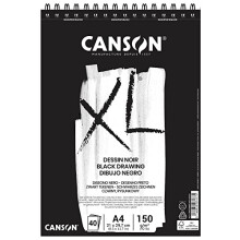 Carta da disegno Canson XL Black 150 g/m A4 bifacciale: blocco a spirale liscio e granuloso, lato corto, 40 fogli neri, ideale per artisti profe