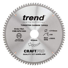 CraftPro TCT Aluminium & Plastic Worktop Sawblade, 216mm Diameter, 30mm Bore, 80 Teeth, 2.8mm Kerf, -6 Hook, CSB/AP21680