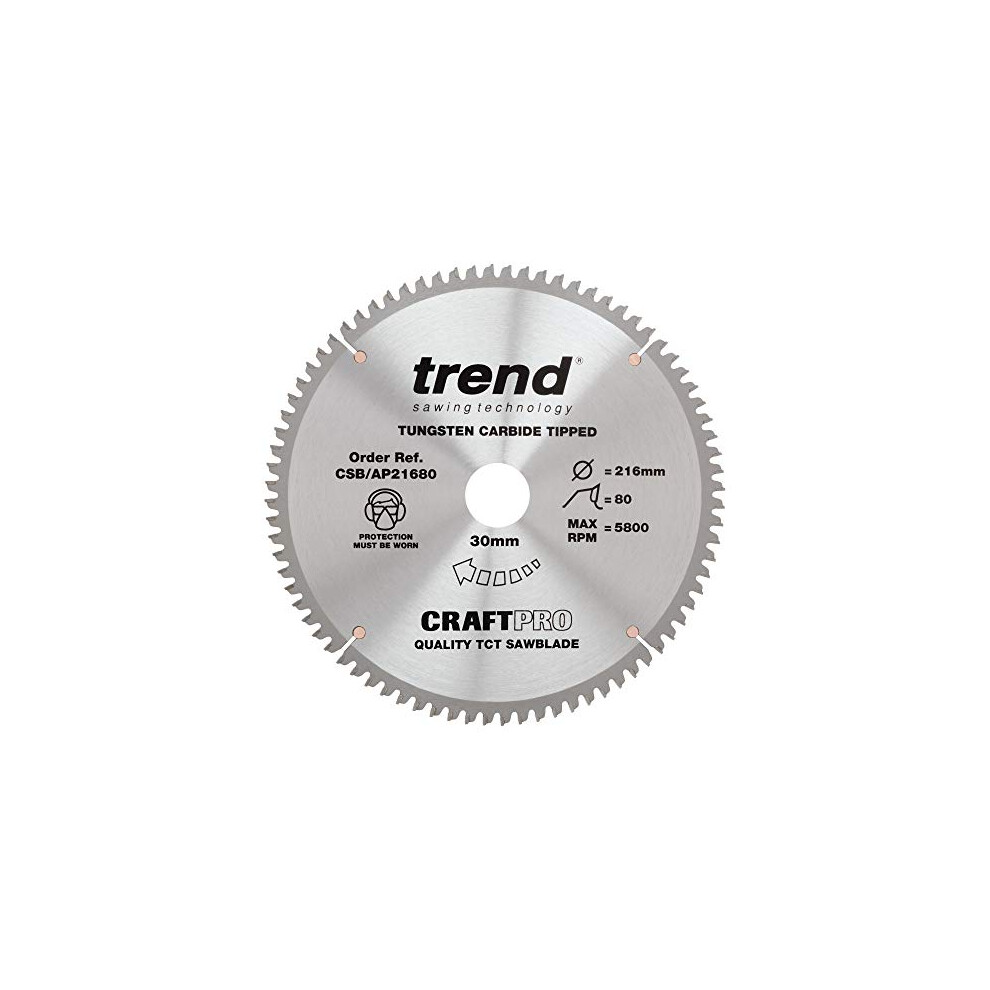 CraftPro TCT Aluminium & Plastic Worktop Sawblade, 216mm Diameter, 30mm Bore, 80 Teeth, 2.8mm Kerf, -6 Hook, CSB/AP21680