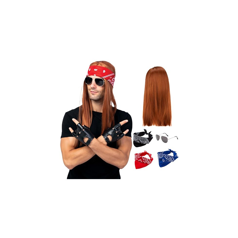 Rockstar 90s Heavy Metal Rocker Costume with Wig, Gloves, Sunglasses and Bandanas Halloween Costumes for Men