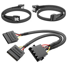 – 30cm 4-pin Molex to 2 x 15-pin SATA power cable + 60cm 7-pin SATA 3 data cable 6 Gbit/s 90 angled + 60cm 7-pin SATA 3 data cable 6 Gbit/s