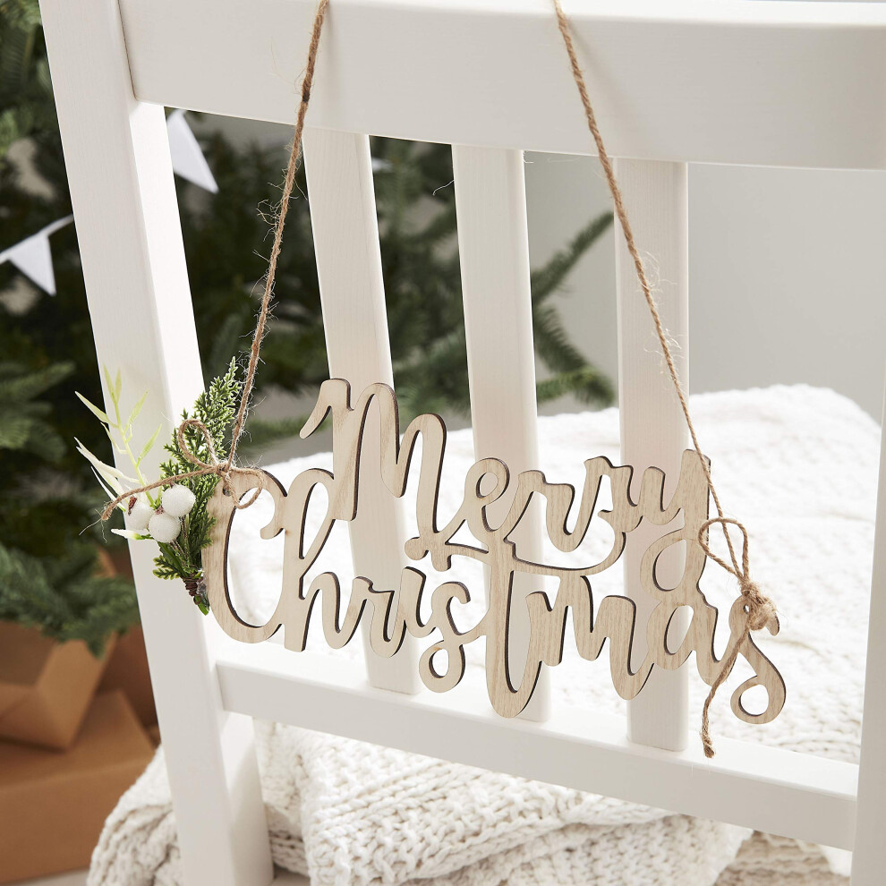 Wooden Eco Merry Christmas Chair Back Table Hanging Bunting Decorations with Foliage