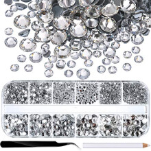 2000 Pieces Hot Fix Glass Flatback Rhinestones HotFix Round Crystal Gems 1.5-6 MM (SS4-SS30) in Storage Box with Tweezers and Picking Rhinestones Pen