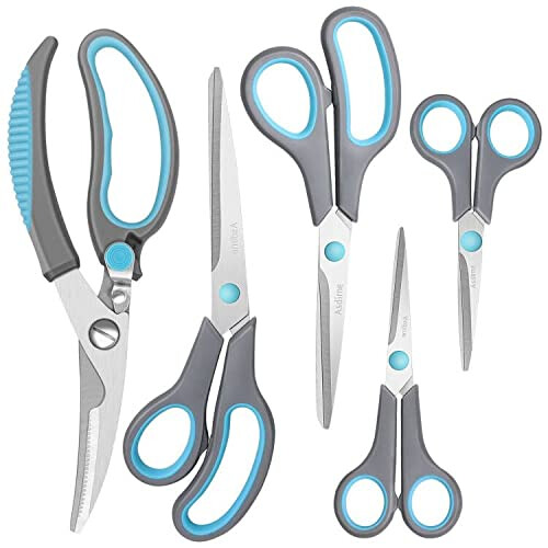 Scissors, Kitchen Scissors with Sharp Stainless Steel Blades and Soft Handles, Multifunctional Scissors Set, 5Pcs, Blue/Grey