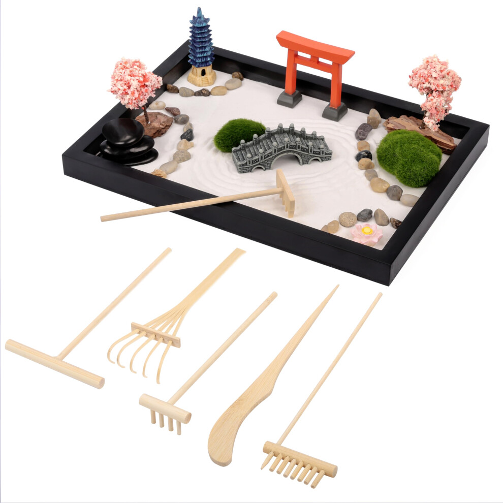 Mini Japanese Zen Garden Kit - 20 x 28cm/7.5 x 11 Inches - Premium Rock Garden Gift Set with Zen Sand, 6 Tools & 9 Features - Home, Office or Desk