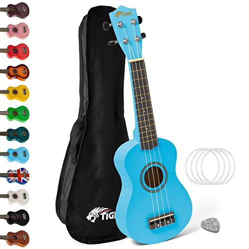 Soprano Ukulele Ukelele for Kids includes Gig Bag, Felt Pick, Spare Strings - Blue - TIGER UKE7-BL