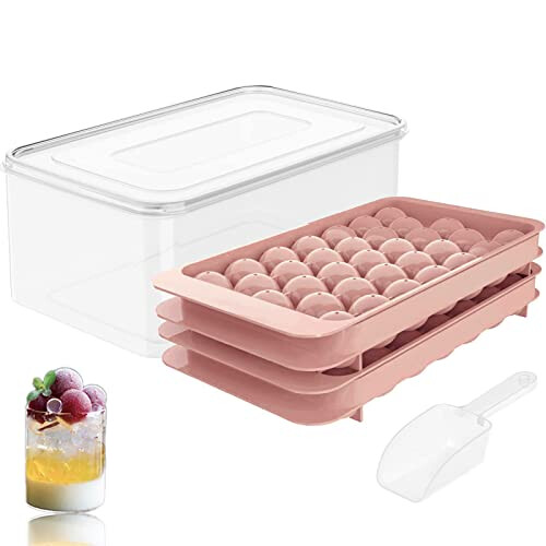 DS Living Mini Sphere Ice Cube Tray Balls, Round Ice Ball Maker Mould for Freezer, Includes Free Container (Pink)