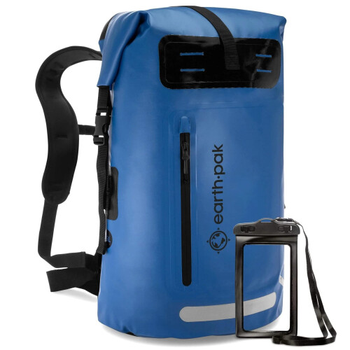 Waterproof Backpack with Roll-Top Closure, Front Pocket, Cushioned Back Panel & Phone Case (Blue, 35L)