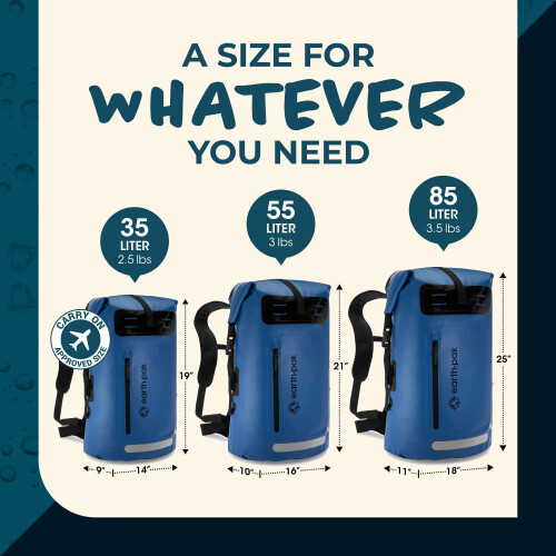 Waterproof Backpack with Roll-Top Closure, Front Pocket, Cushioned Back Panel & Phone Case (Blue, 35L) 1