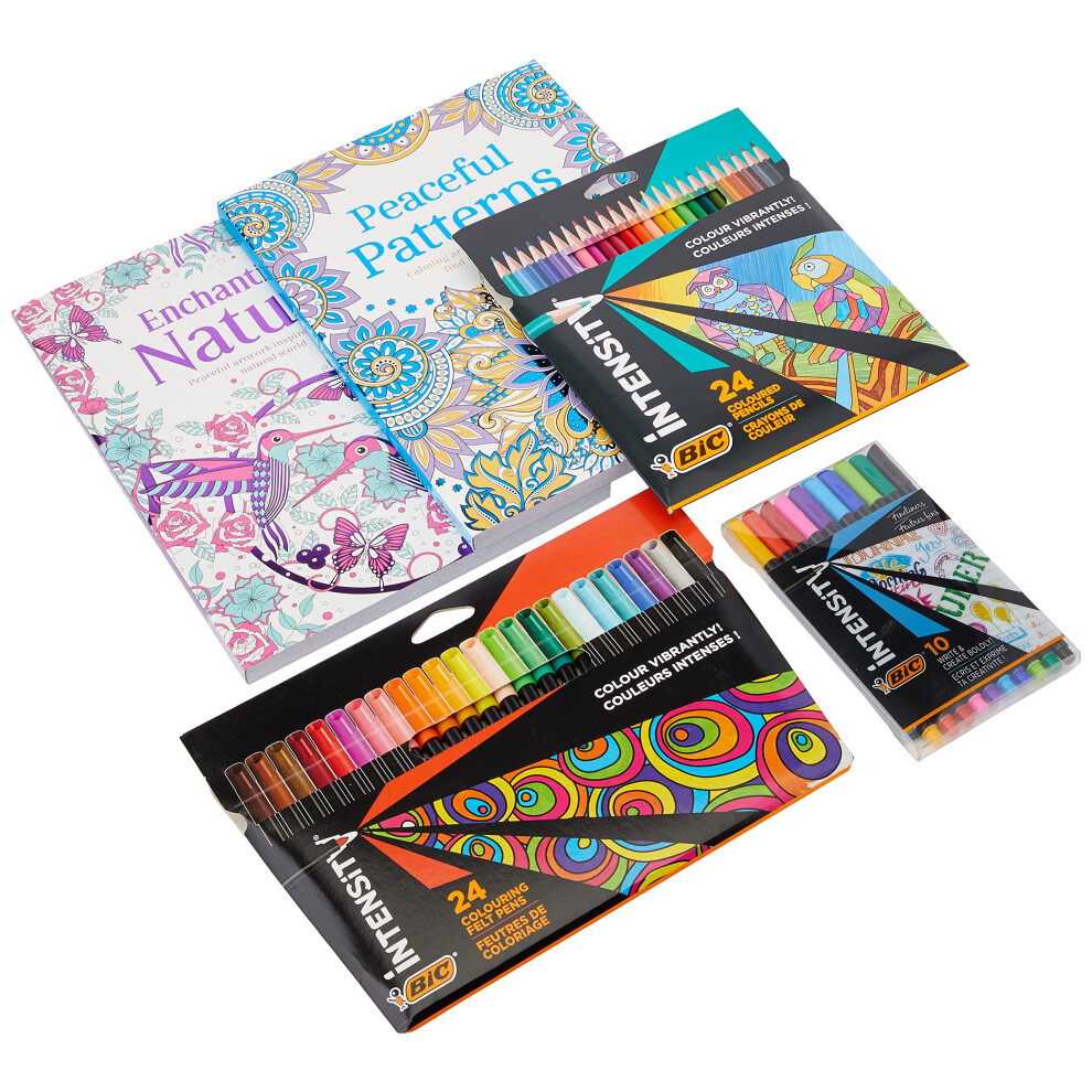 Intensity Adult Colouring Set With Felt Tips, Fine Liners, Colouring Pencils and Colouring Books, Set Of 60