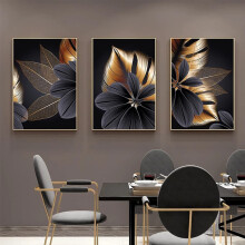 Set of 3 Canvas Wall Art - Modern Abstract Black & Golden Leaf Plant, Nordic Decor for Bedroom Living Room Kitchen (30x40cm)