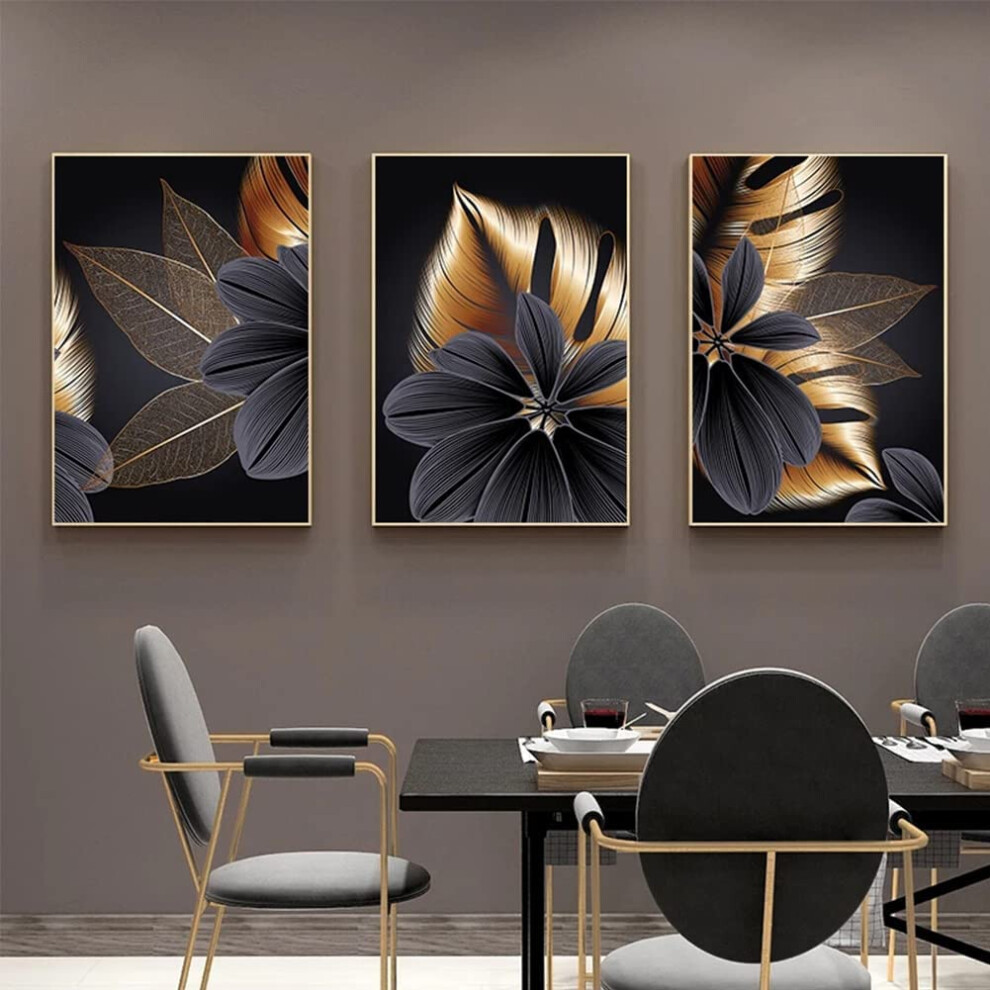 Set of 3 Canvas Wall Art - Modern Abstract Black & Golden Leaf Plant, Nordic Decor for Bedroom Living Room Kitchen (30x40cm)