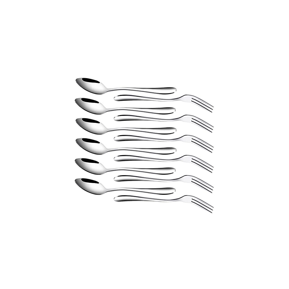 Reton 12 Pcs Stainless Steel Dessert Forks And Spoons Set, 3 Tines Cake Fruit Steak Fork And Teaspoon Coffee Scoops For Home, Wedding, Party, Café,