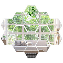 Mirror Wall Stickers Non Glass Mirror Plastic Mirror 3D Hexagon Acrylic Mirror Wall Decor Self Adhesive Tiles (15 PCS)