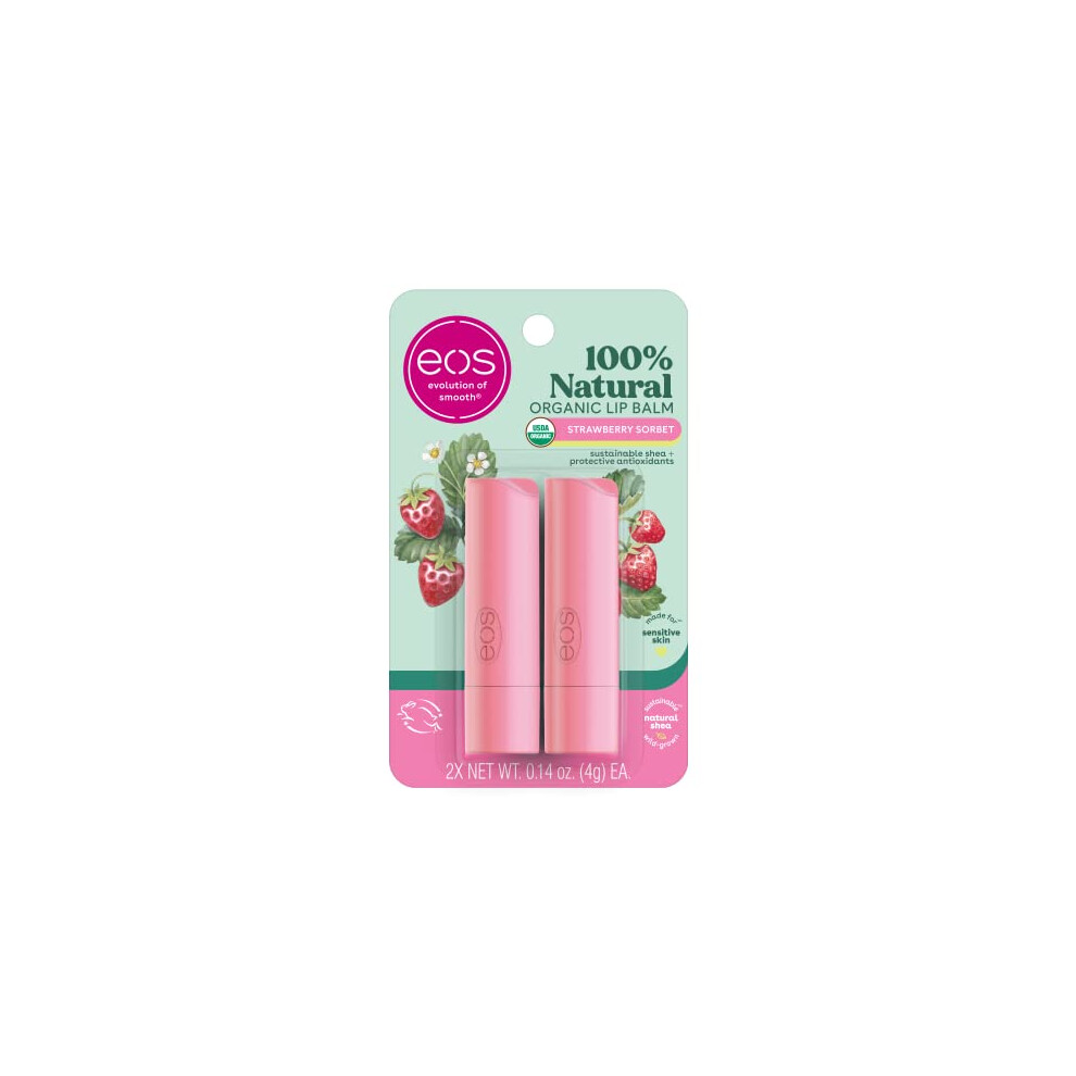 Eos 100% Natural & Organic Lip Balm- Strawberry Sorbet Dermatologist Recommended For Sensitive Skin All-Day Moisture 0.14 Oz 2 Pack