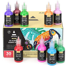 Arteza Textilfärg, 30 färger, Permanent 3D-färg, Luminiscens, Glitter, Neon och Metalliska nyanser, 30 ml