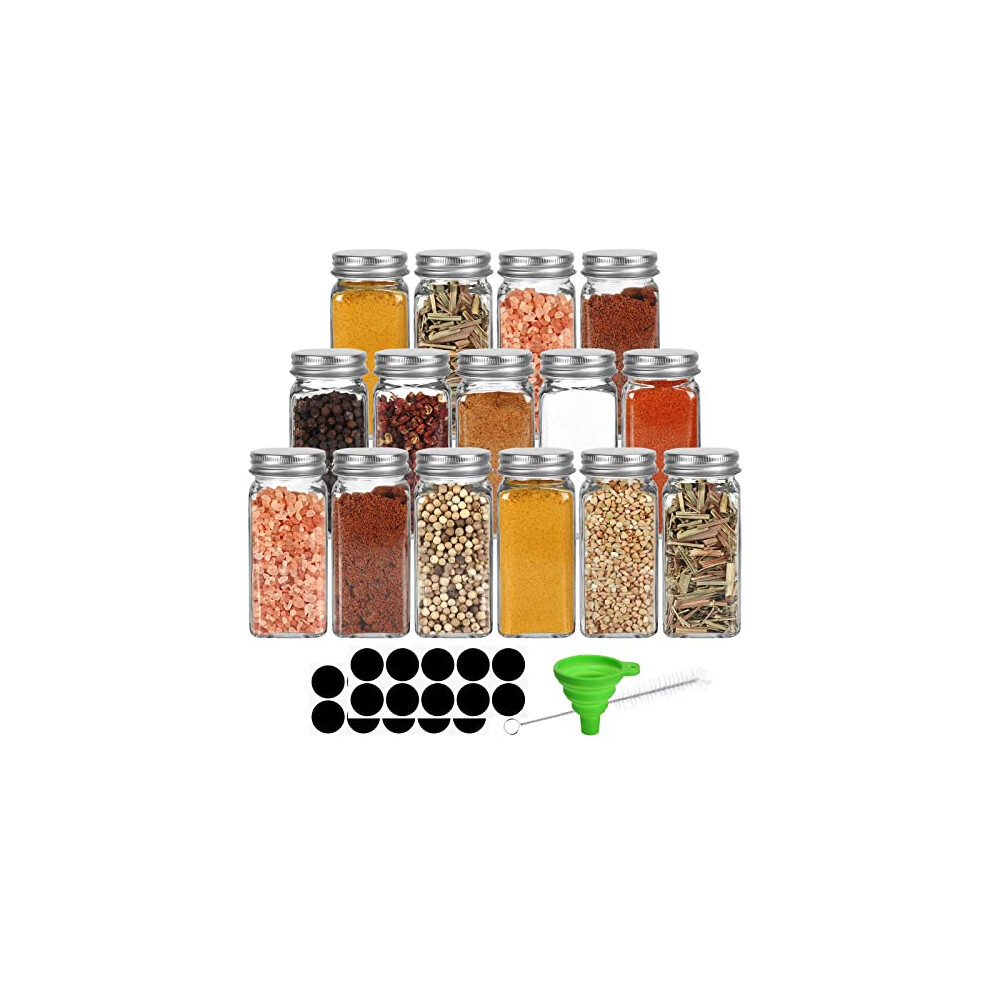 4oz Glass Spice Jars 15 Pack, 120ml Square Seasoning Bottles with Silver Caps and Shaker Lids,20pcs Labels,1 Funnel and 1 Brush for Kitchen Storage