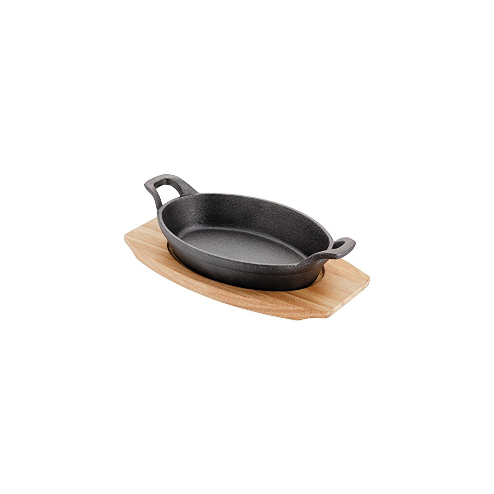 JST65 Sizzle & Serve Large Gratin Dish, Cast Iron Skillet with Wooden Serving Stand, Induction Ready 20cm x 14cm - 5 Year Guarantee
