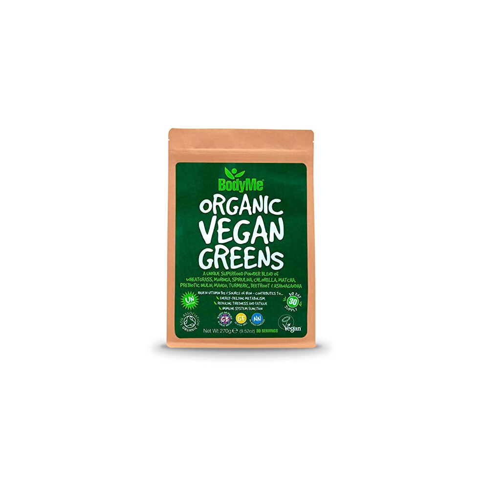 Bodyme Organic Vegan Greens Powder | 270G | Super Greens Blend | With Wheatgrass Moringa Spirulina Chlorella Matcha Prebiotic Inulin Mango Turmeric Beetroot