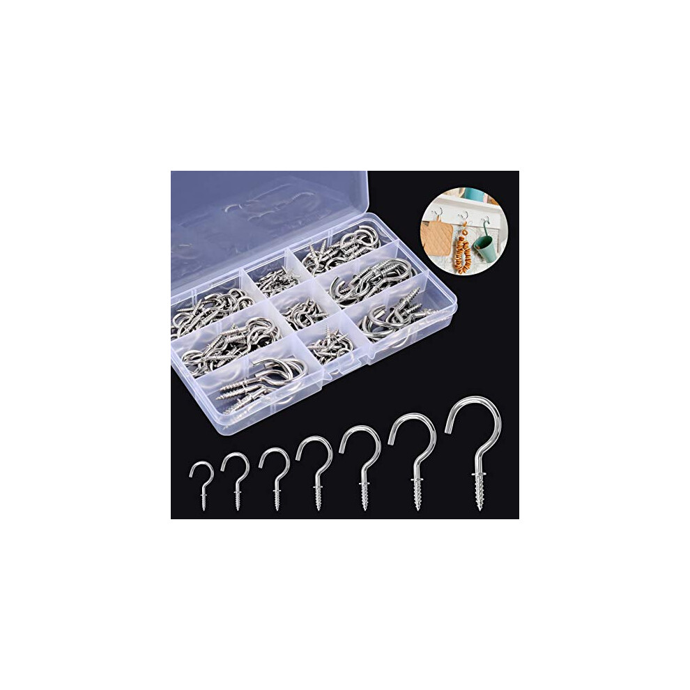 Screw Hooks, 120 Pieces Cup Hooks Nickel Plated Hooks Metal Screw-In Eye Hooks Ceiling Hook For Cabinet Shelf(Silver), 7 Sizes 712673063861