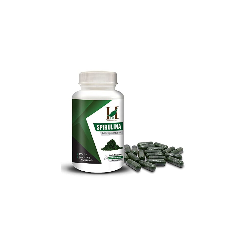 H&C Spirulina Capsules - 900mg per Serving, 120 Vegan Capsules | Nutrition Rich Super | Food Supplement