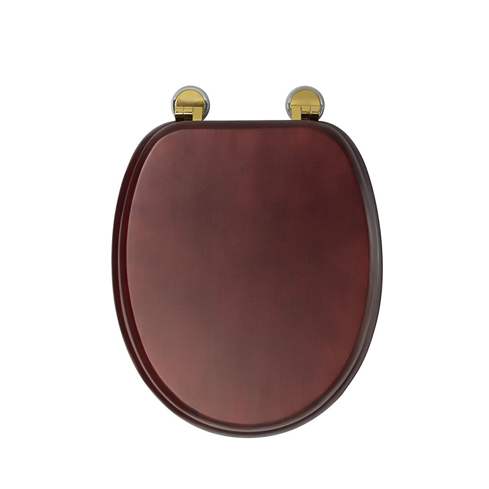 WL515202 Moulded Wood Mahogany Effect Toilet Seat, Brass Hinges, 48 x 38 x 7 cm