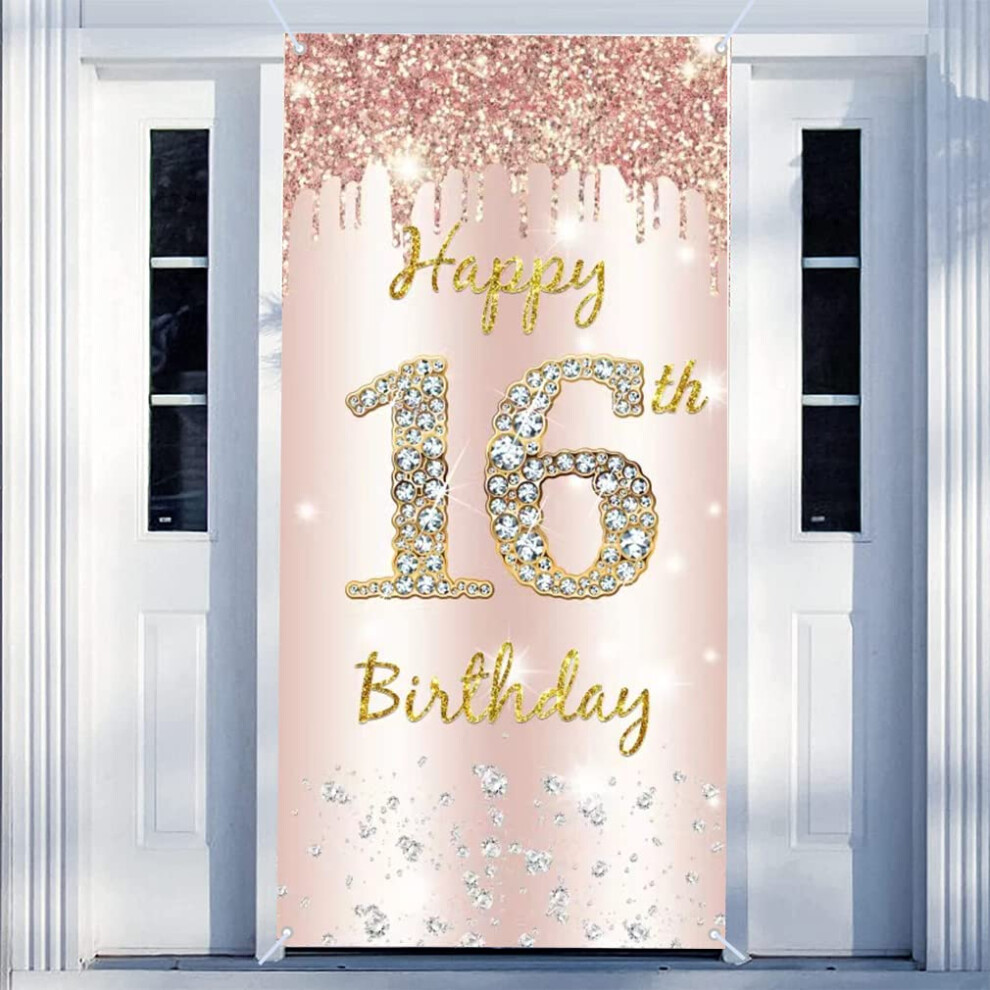 16th Birthday Decoration for Girls, Happy 16th Birthday Backdrop Banner Rosegold Fabric Sign Poster Girl 16th Birthday Door Banner Party Welcome Sign