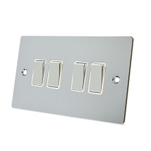 FPC4GSWIWC Polished Chrome Flat White Insert Metal Rocker Switches-10 Amp 4 Gang 2 Way Light Switch, 240 V