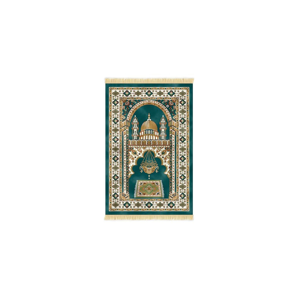 Muslim Prayer Rug with Elegant Design | Janamaz | Sajadah | Soft Islamic Carpet Mat, Thick Velvet Fabric (Green)