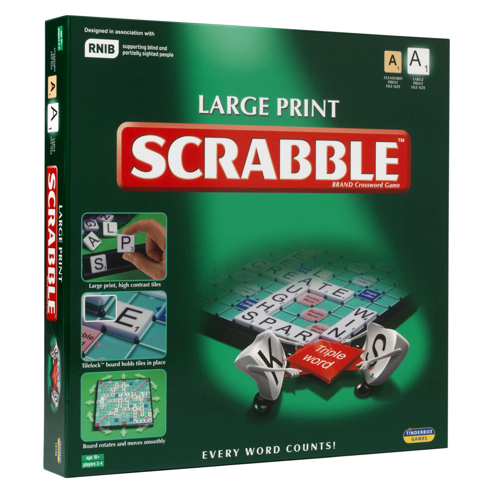 | Large Print Scrabble: Extra board with clear, large-print text and letter tiles | Games | Word | For 2-4 Players | Ages 10+, 11213, Green, Board: