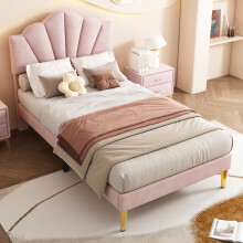 (Pink, 4FT6) Velvet Upholstered Bed, Wooden Slatted Frame