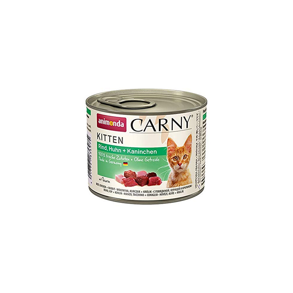 Carny Kitten cat food, wet food for cats up to 1 year, beef, chicken + rabbit, 6 x 200g