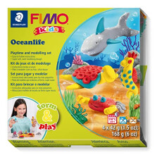 8034 14 LZ FIMO Kids Form&Play Playtime & Modelling Polymer Clay Set - "Oceanlife" (Pack of 4 Blocks, Stickers, Modelling Tools & Background Scene)