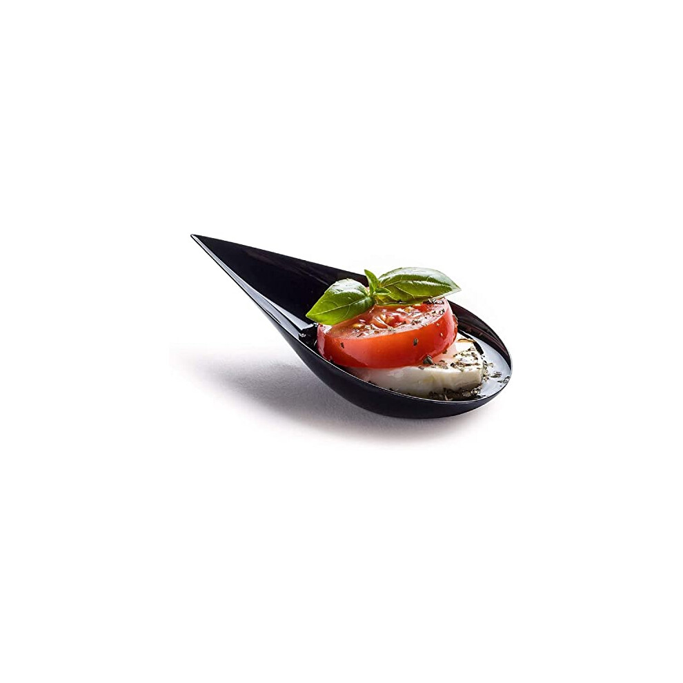 100 4-in Tear Drop Mini Appetizer Plates, Black Plastic Spoons - Desserts and Appetizers Dishes Serving Plate - Asian Spoon Set, Small Catering