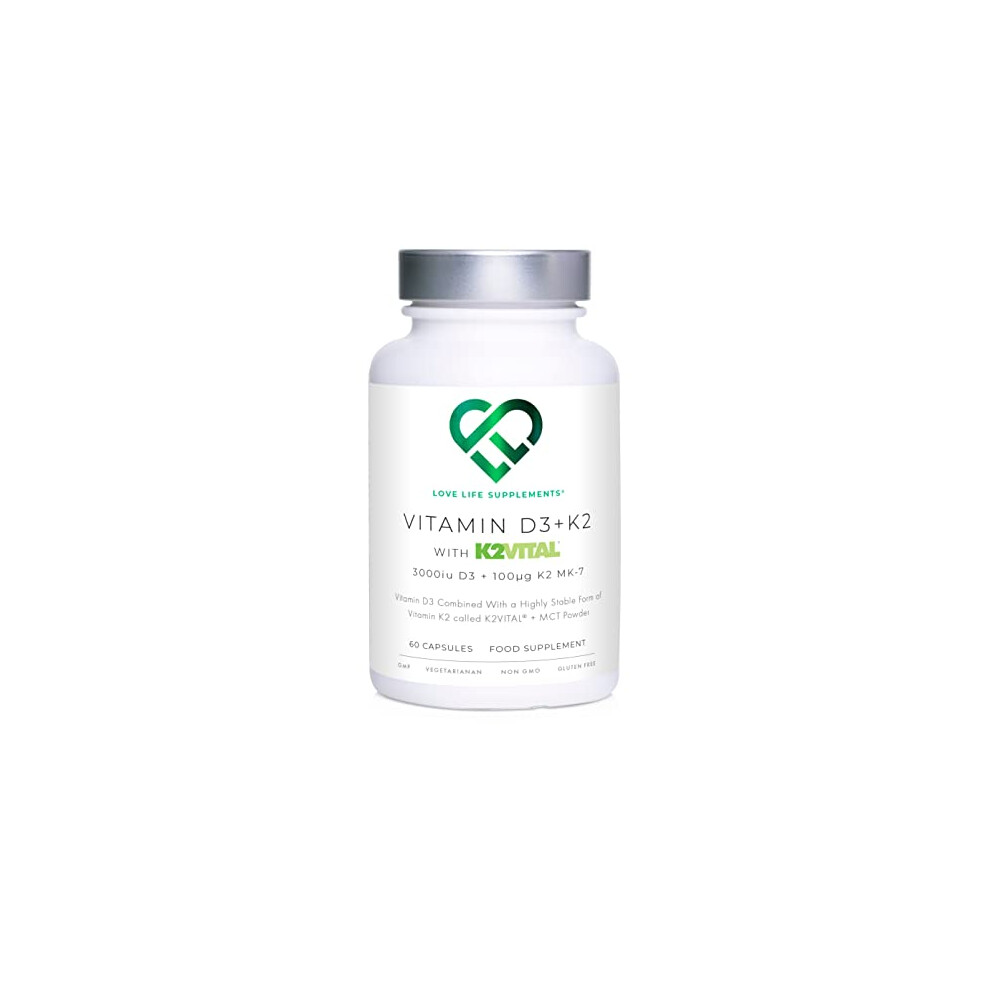 Love Life Supplements Vitamin D3 K2 And Mct Powder For Superior Absorption | Includes K2vital Mk-7 - A Premium Form Of K2 | 60 Capsules | 3000Iu D3 + 100Î¼G K2 | Love