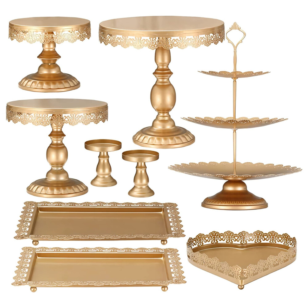 Set of 9 Pieces Gold Metal Cake Stand Set, Metal Round Cake Stands Set Cupcake Holder Dessert Display Plate for Birthday Party Wedding Party Afternoon