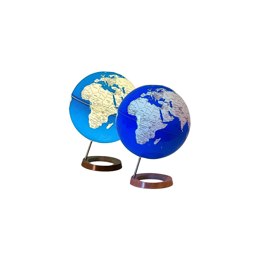 Exerz Illuminated World Globe 33Cm Diameter Wooden Base - Xl Large -2 In 1 Up Globe - Self Assembled - Sapphire Light