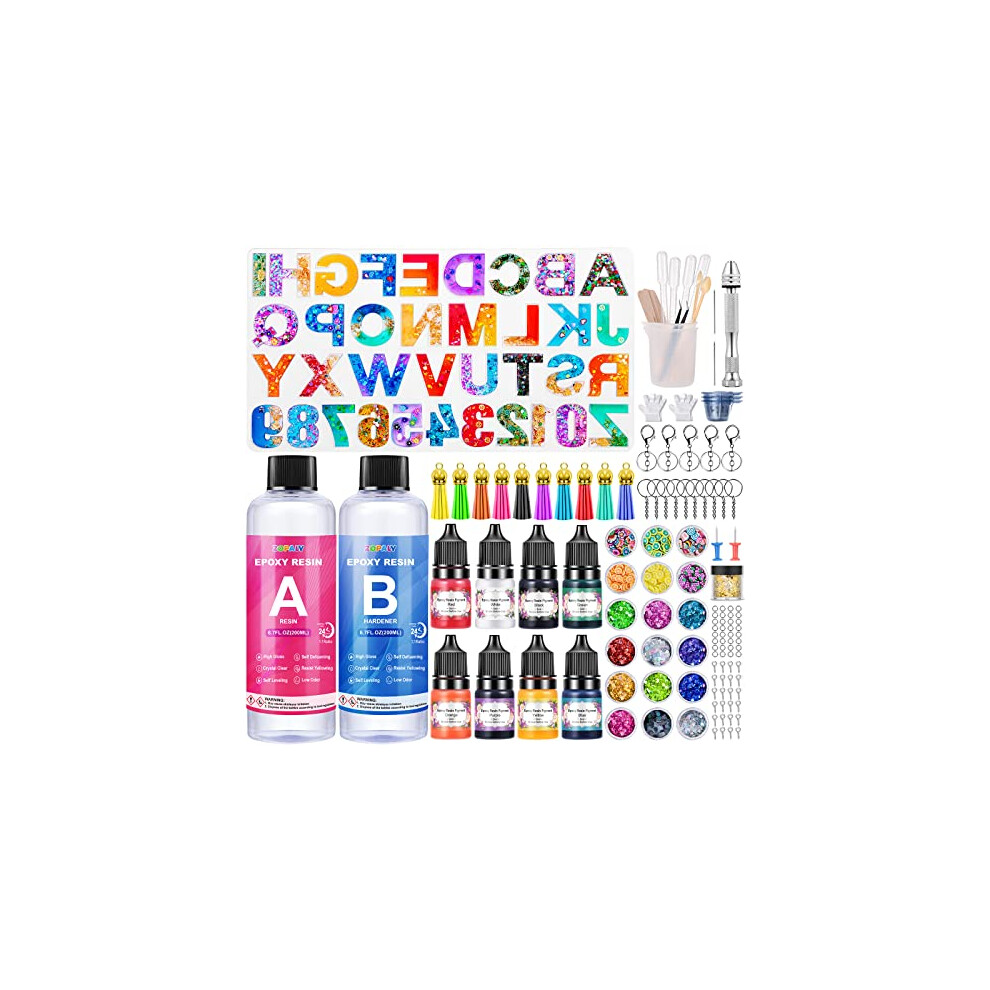Epoxy Resin Kits for Beginners, 192 Pcs Letter Number Resin Moulds Silicone Keyring Making Kit, with 400ml Clear Resin, Resin