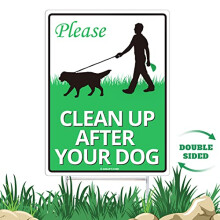Clean Up After Your Dog Yard Sign 12" x 9" with Metal H Stake Stand - Quick & Easy Install - Weather Fade Resistant for Outdoor Use - No Pooping
