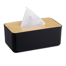 Tissue Box, Refillable, Bathroom, Napkin Dispenser, Bamboo Lid, Plastic, 10 x 23 x 13 cm, Black/Natural